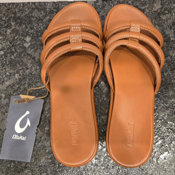 OluKai Shoes - OluKai Sandals Women's Leather Slides Padded Straps Casual Comfort Tan Shoes US9